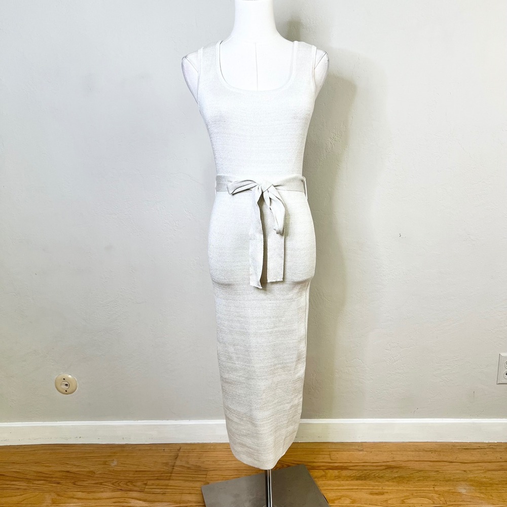 Lulus Midi Dress Shimmer Knit‎ Size S Cream Gold Metallic Belted Bodycon NEW